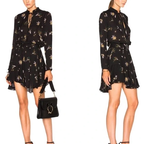 A.L.C. Campbell Floral Silk Long Sleeve Neck Tie Belted Black Mini Dress Size 8